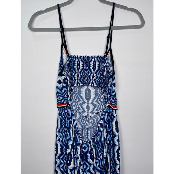 Flying Tomato Blue Aztec Print Jumpsuit Romper Size Small Cutout Waist Tie Back - Picture 4 of 5